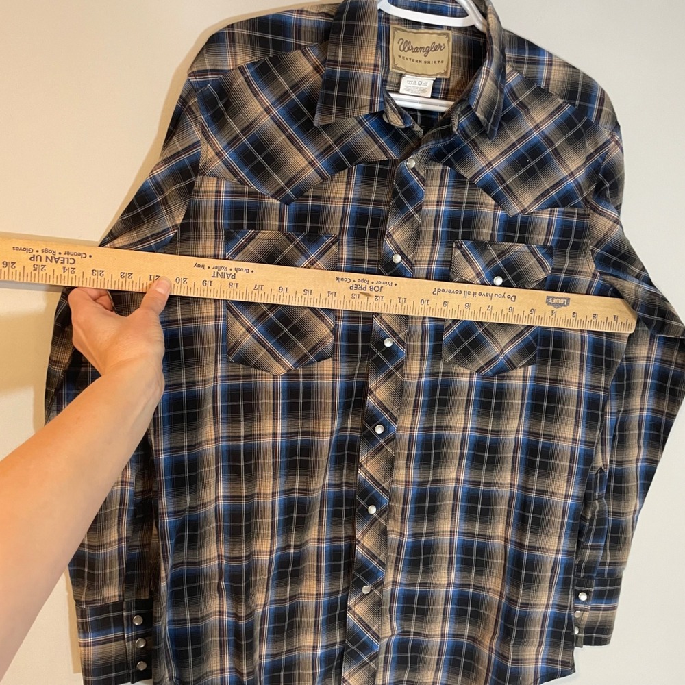 Wrangler Mens Western Pearl Snap Plaid Shirt Blue Tan Black WM219BK Medium - Picture 4 of 6
